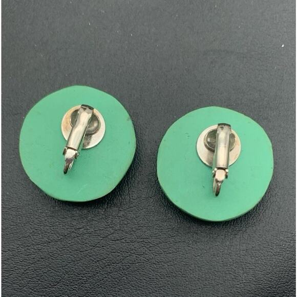 Vintage Teal Green & Yellow Palm Trees & Sunshine Clip On Earrings Unique - Picture 4 of 4